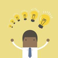 African businessman with different size of idea bulbs. vector