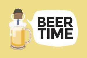 African businessman in a beer mug with beer time message. vector