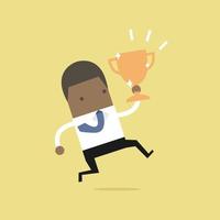 African businessman jumping and holding trophy. vector