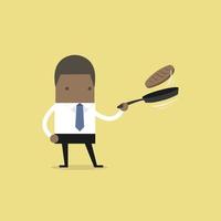 African businessman making fresh pancakes on breakfast. vector