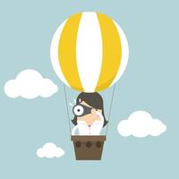 Businesswoman in balloon and look at binoculars. vector