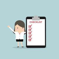 Businesswoman completing a checklist ticking al the boxes. vector