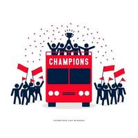 Stick Figures of The Winner Cup Soccer or Football Champions Celebration on the Open Top Buses. vector