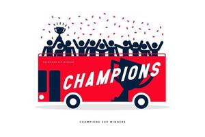 Stick Figures of The Winner Cup Soccer or Football Champions Celebration on the Open Top Buses. vector