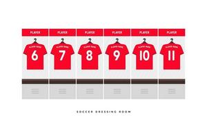 Football or soccer dressing room. Red shirt football team. vector