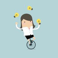 Businesswoman juggling light bulb while cycling. vector