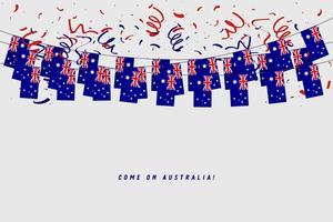 Australia garland flag with confetti on gray background, Hang bunting for Australia celebration template banner. vector