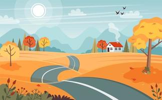 Autumn road. Landscape with mountains and hills. Vector illustration in flat style