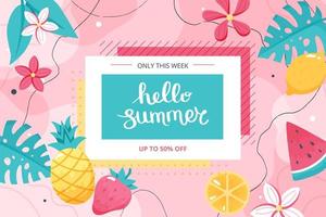 Hello Summer banner with fruits, leaves and flowers. Cute hand drawn vector illustration with lettering, banner template