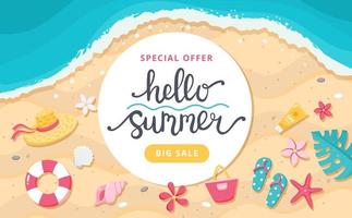 Summer sale banner. Hand drawn lettering, beach and cute elements. Template vector illustration