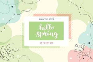 Hello Spring banner with lettering and abstract shapes. Cute hand drawn vector illustration, banner template