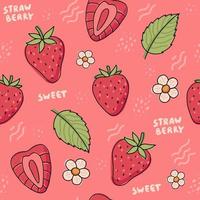 Strawberry hand drawn seamless pattern. Cute colorful strawberries with flowers and leaves in doodle style, vector illustration