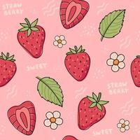 Strawberry hand drawn seamless pattern. Cute colorful strawberries with flowers and leaves in doodle style, vector illustration