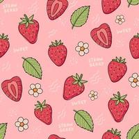 Strawberry hand drawn seamless pattern. Cute colorful strawberries with flowers and leaves in doodle style, vector illustration