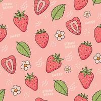 Strawberry pattern. Cute colorful strawberries with flowers and leaves in doodle style, vector illustration