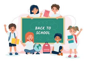 niños en edad escolar en clase con una pizarra, concepto de regreso a la escuela, personajes lindos. ilustración vectorial en estilo plano vector