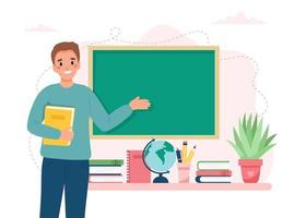 Teacher in classroom. School and learning concept, teacher s day. Cute vector illustration in flat cartoon style