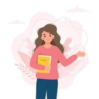 mujer con un libro. día del maestro, concepto del día de la alfabetización. linda ilustración vectorial en estilo de dibujos animados plana vector