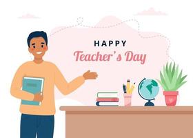 African american teacher in classroom. School and learning, Happy teacher s day concept. Cute vector illustration in flat cartoon style