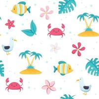 Summer sea pattern. Cute fish, seagull, crab, palm trees. Hand drawn flat cartoon elements. Vector illustration