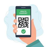 Health passport concept. hand holding a smartphone with QR code, vaccination status. Vector illustration in flat style