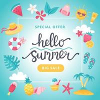 Summer sale banner. Hand drawn lettering and cute cartoon elements. Vector illustration
