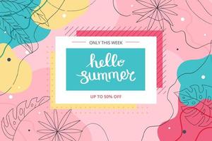Hello Summer banner with tropical leaves and abstract shapes. Cute hand drawn vector illustration with lettering, banner template