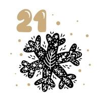 Winter vector Illustration of nordic snowflake. Twenty-four days before holiday, twenty first Day. Christmas Advent calendar with cute scandinavian hand drawn