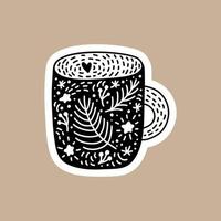 etiqueta engomada del vector negro de Navidad con taza escandinava linda y divertida. personaje de insignia dibujado a mano de invierno para cuaderno, álbum de recortes o planificador. ilustración aislada gráfico plano nórdico