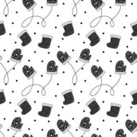 Vector Christmas Scandinavian seamless pattern with socks and mittens. Winter Abstract hand drawn lines texture drawing. Black paint brush strokes on white background. wrapping paper, wallpaper fill