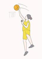 niña lanza una pelota de baloncesto en la canasta. ilustraciones de diseño de vectores de estilo dibujado a mano