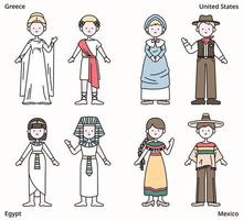 Cute characters are wearing traditional clothes from around the world. vector