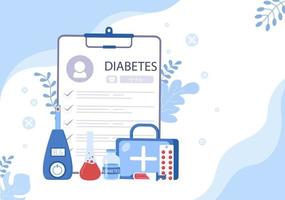 Prueba de diabetes con medidor de glucosa en sangre, resultados de exámenes, tubos, jeringas para atención médica y tratamiento para la ilustración de vector de fondo de cartel