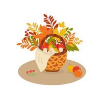 Wicker basket full of colorful autumn leaves and mushrooms vector