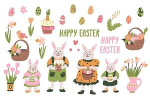 vector de pascua con sonriente familia de conejos con pasteles, canasta con huevos, flores de primavera