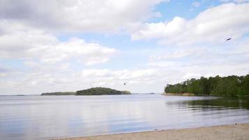 um mar calmo na praia e um lindo céu azul nublado, tendo um parque na parte de trás. pássaros estão voando no céu. simplesmente dia e boas férias video