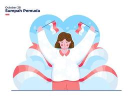 ilustración una mujer feliz celebrando el día del compromiso de la juventud de indonesia el 28 de octubre. se puede utilizar para tarjetas de felicitación, póster, postal, banner, web, redes sociales, impresión. vector