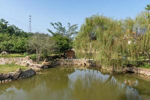 The artificial lake in the park and the roads and trees by the lake photo