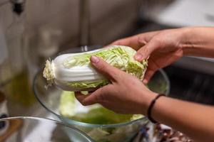 Washing vegetables, cutting meat, cooking for a dinner. photo