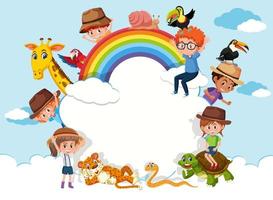 Empty cloud banner with kids and zoo animals on sky background vector