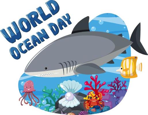World Ocean Day banner with a big shark and sea animals
