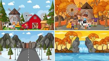 Set of different nature scenes background with people vector