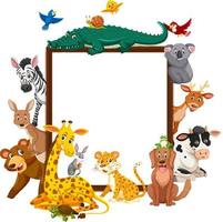 Empty wooden frame with various wild animals vector