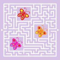 A square labyrinth. Collect all the butterflies and find a way out of the maze. Simple flat isolated vector illustration.