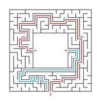 A square maze. Find the right path from the center of the labyrinth. Simple flat vector illustration. With a place for your image. With the answer.