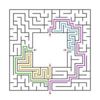 A square maze. Find the right path from the center of the labyrinth. Simple flat vector illustration. With a place for your image. With the answer.