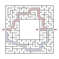 A square maze. Find the right path to the center of the labyrinth. Simple flat vector illustration isolated on white background. With a place for your drawings. With the answer.