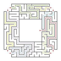 A square labyrinth. Choose the right path to get into the center of the maze. Simple flat vector isolated illustration. With a place for your drawings. With the answer.