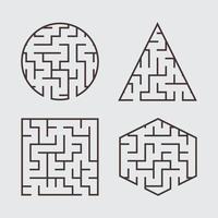 A set of labyrinths for children. A square, a circle, a hexagon, a triangle. A simple flat vector illustration isolated on a gray background.