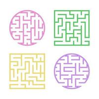 A set of colored labyrinths for children. A square, round maze. Simple flat vector illustration isolated on white background.